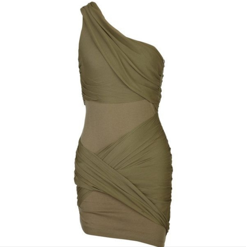 Alice + Olivia Green Asymmetrical Ruched One Shoulder Dress